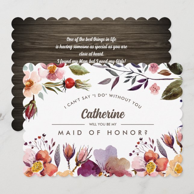 Will you be my Maid of Honour? Rustic Fall Flowers Invitation (Front/Back)