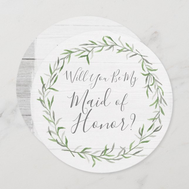 Will You Be My Maid of Honour Rustic Wood & Wreath Invitation (Front/Back)