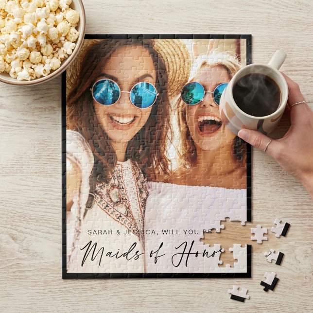Will You Be My Maids of Honour? Trendy Script Phot Jigsaw Puzzle (Will You Be My Maids of Honor? Proposal Photo Jigsaw Puzzle)