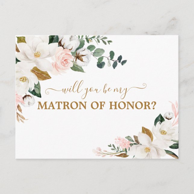 Will You Be My Matron of Honour Blush Pink Floral Postcard (Front)