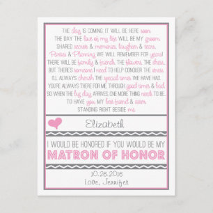 Will you be my Matron of Honour? Pink/Grey Poem Invitation