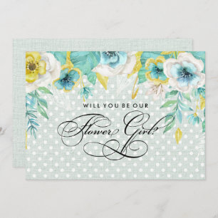 Will you be our Flower Girl? Mint Floral Burlap Invitation