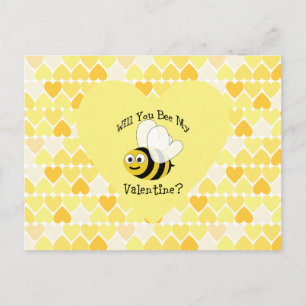 Will You Bee My Valentine? Yellow hearts Holiday Postcard