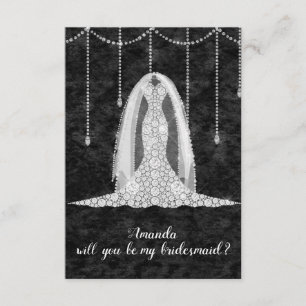 Will You Bridesmaid Black White Dress TrainDiamond Invitation