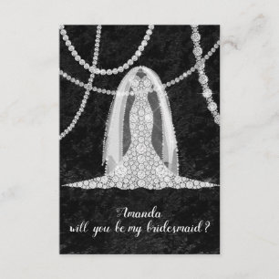 Will You Bridesmaid Black White Dress Veil Diamond Invitation