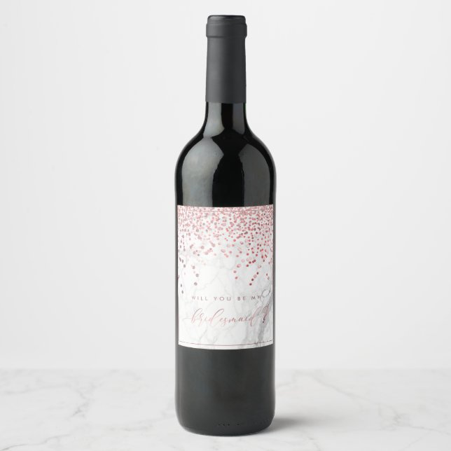 Will You Bridesmaid. Rose Gold Confetti Marble Wine Label (Front)