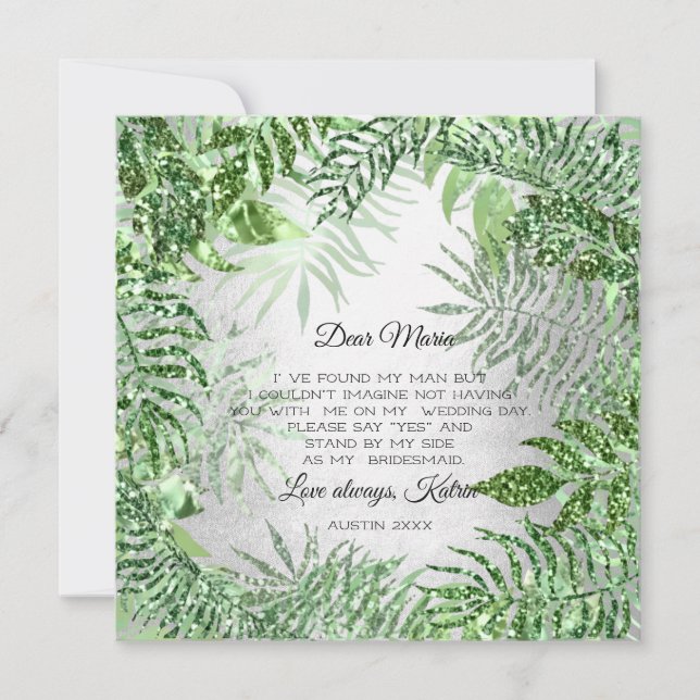 Will You Bridesmaid Tropical Glitter Mint Silver Invitation (Front)