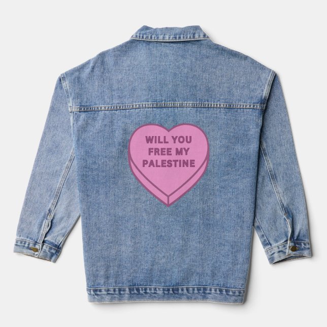Will you free my Palestine? Cute Candy Heart sweet Denim Jacket (Back)