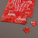 Will you marry me personalised marriage proposal jigsaw puzzle<br><div class="desc">Popping the question: "Will you. marry me?" Follow your heart and make a surprise keepsake cute proposal gift to your girlfriend to savour the memories of your beginnings all your life! Fully customisable message text on vibrant red with hearts Valentines pattern and your names. You can replace the text with...</div>