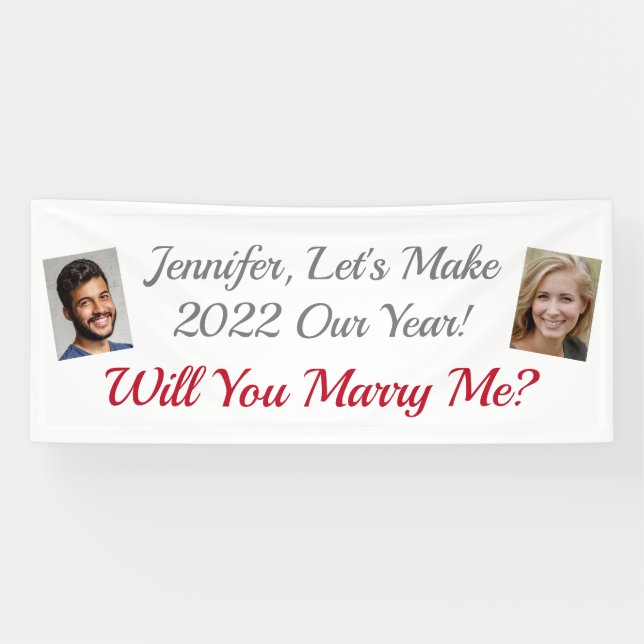 Will You Marry Me? Photos, Red/Grey Text, White Banner (Horizontal)