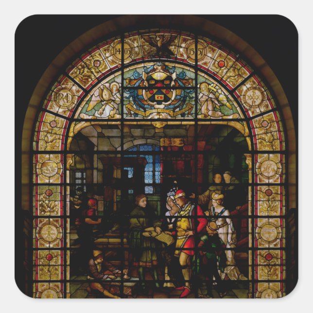 William Caxton Showing his First Printed Book Square Sticker (Front)