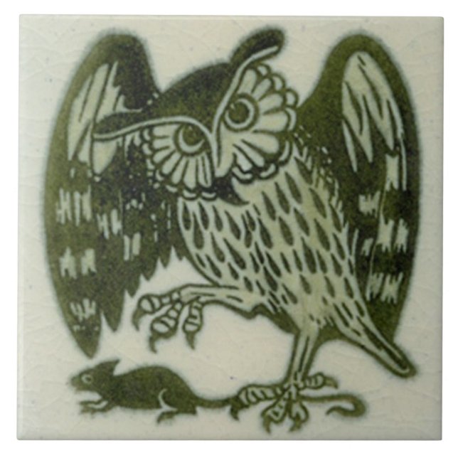William De Morgan 1800s Repro Green Owl & Rat Tile (Front)