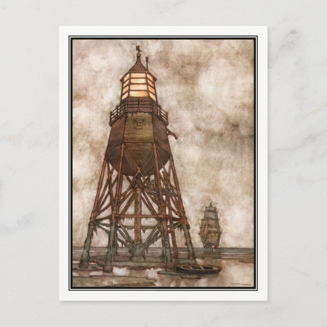William Heath Robinson - Vintage Ship + Lighthouse Postcard (Front)
