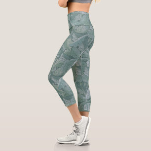 William Morris Acanthus Leaf Teal Blue Pattern Capri Leggings