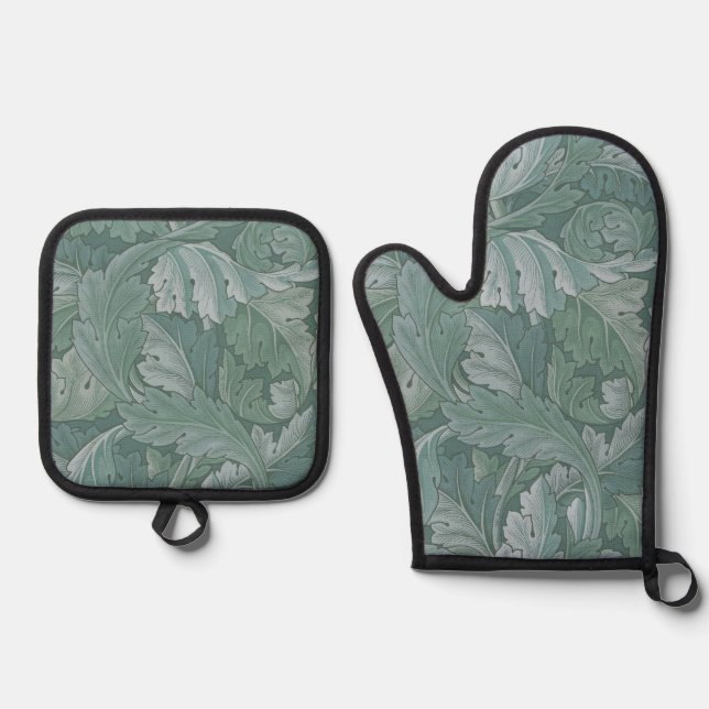 William Morris Acanthus Leaf Teal Blue Pattern Oven Mitt & Pot Holder Set (Front)
