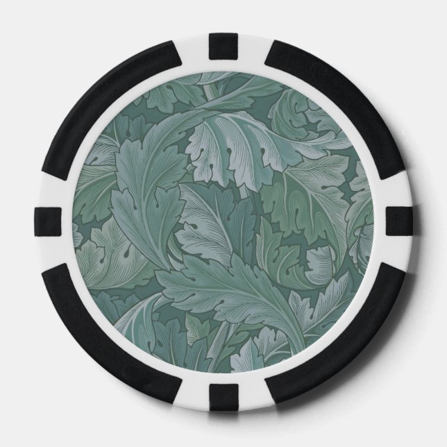 William Morris Acanthus Leaf Teal Blue Pattern Poker Chips (Front)