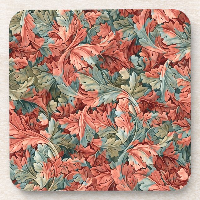 William Morris Acanthus Rust Red Sage Green Coaster (Front)