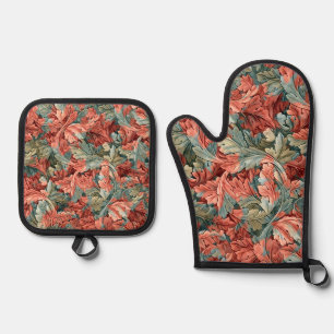 William Morris Acanthus Rust Red Sage Green Oven Mitt & Pot Holder Set