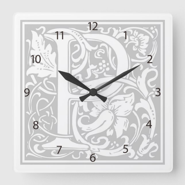 William Morris Alphabet “P” Square Wall Clock (Front)