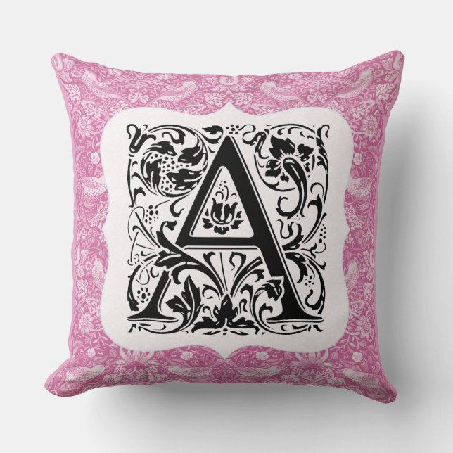 William Morris Alphabet Strawberry Thief Pink Cushion (Front)