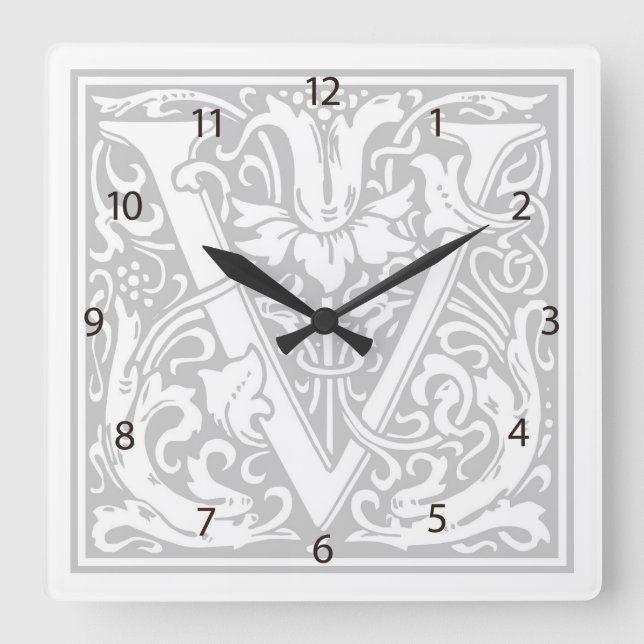 William Morris Alphabet “V” Square Wall Clock (Front)