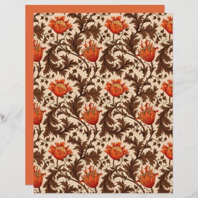 William Morris Anemone, Beige, Brown & Rust Orange (Front/Back)