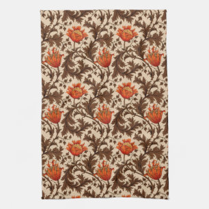 William Morris Anemone, Beige, Brown & Rust Orange Tea Towel
