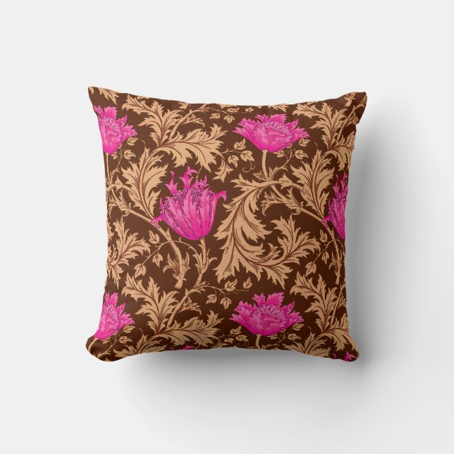 William Morris Anemone, Brown and Fuchsia Pink Cushion (Front)