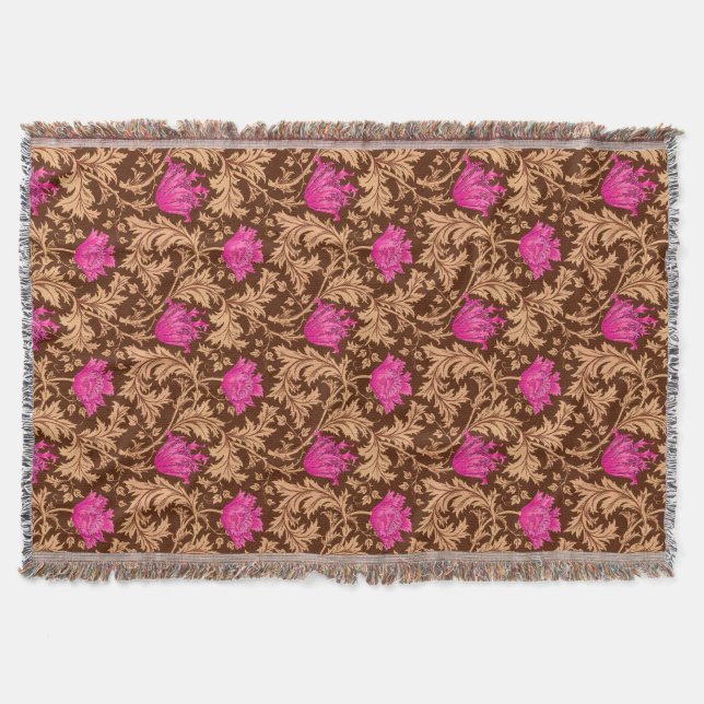 William Morris Anemone, Brown and Fuchsia Pink Throw Blanket (Front)