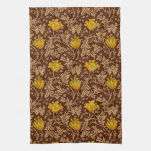 William Morris Anemone, Brown and Mustard Gold Tea Towel