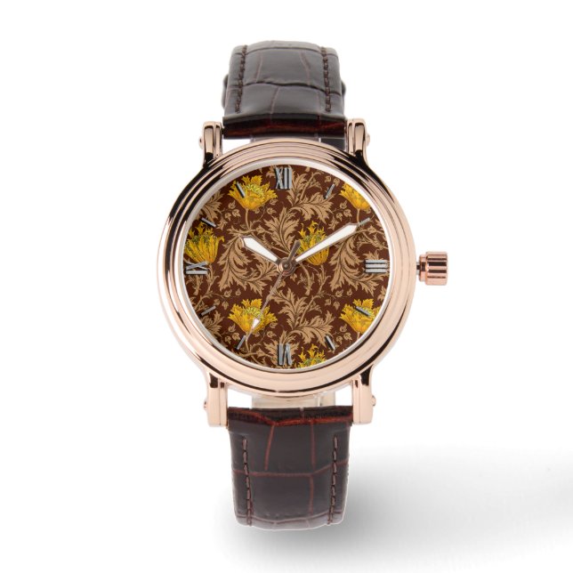 William Morris Anemone, Brown and Mustard Gold Watch (Front)