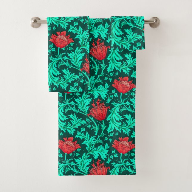William Morris Anemone, Deep Red and Turquoise Bath Towel Set (Insitu)