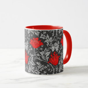 William Morris Anemone, Gray / Grey and Red Mug