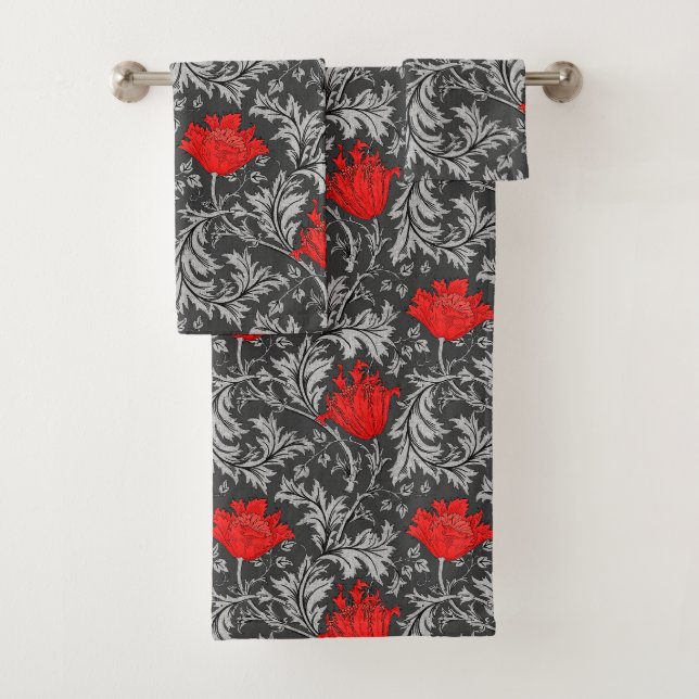 William Morris Anemone, Grey / Grey and Red Bath Towel Set (Insitu)