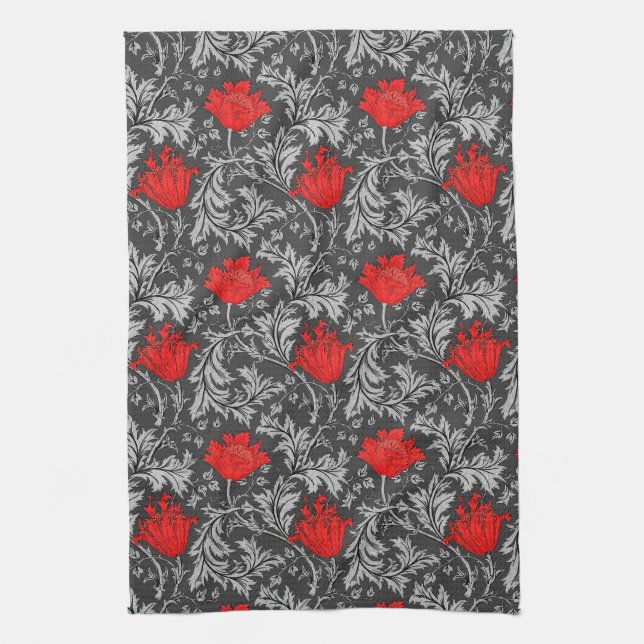 William Morris Anemone, Grey / Grey and Red   Tea Towel (Vertical)