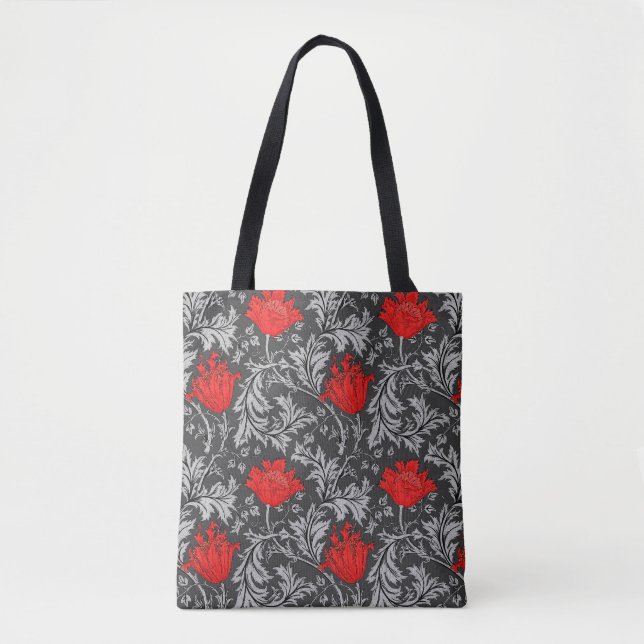 William Morris Anemone, Grey / Grey and Red Tote Bag (Front)