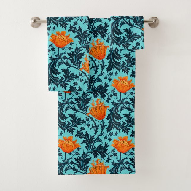 William Morris Anemone, Indigo Blue and Coral Bath Towel Set (Insitu)