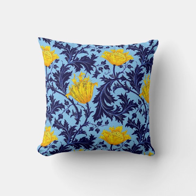 William Morris Anemone, Navy and Mustard Yellow Cushion (Front)