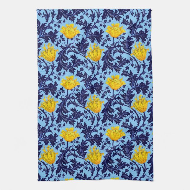 William Morris Anemone, Navy, Sky Blue and Yellow  Tea Towel (Vertical)