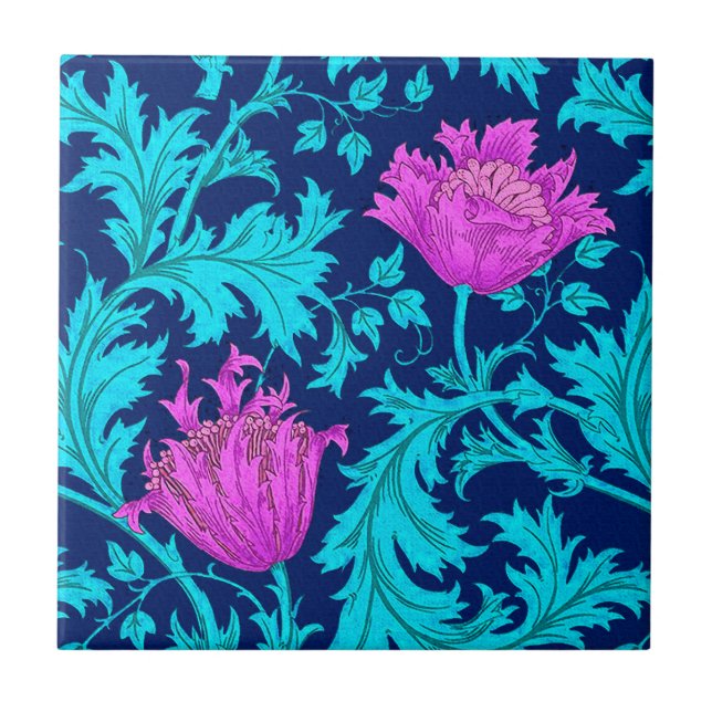 William Morris Anemone, Navy, Turquoise & Magenta Tile (Front)
