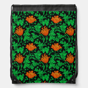 William Morris Anemone, Orange, Green and Black Sm Drawstring Bag