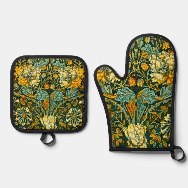 William Morris Antique Honeysuckle Floral Pattern Oven Mitt & Pot Holder Set (Front)