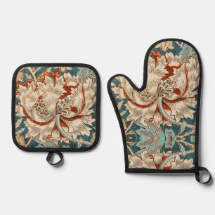 William Morris Antique Honeysuckle Floral Pattern Oven Mitt & Pot Holder Set