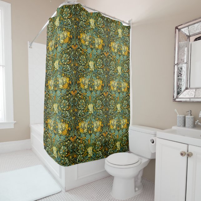 William Morris Antique Honeysuckle Floral Pattern Shower Curtain (In Situ)