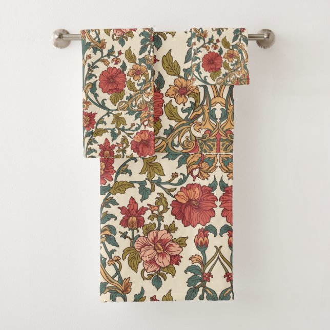 William Morris Antique pink roses Floral Pattern Bath Towel Set (Insitu)