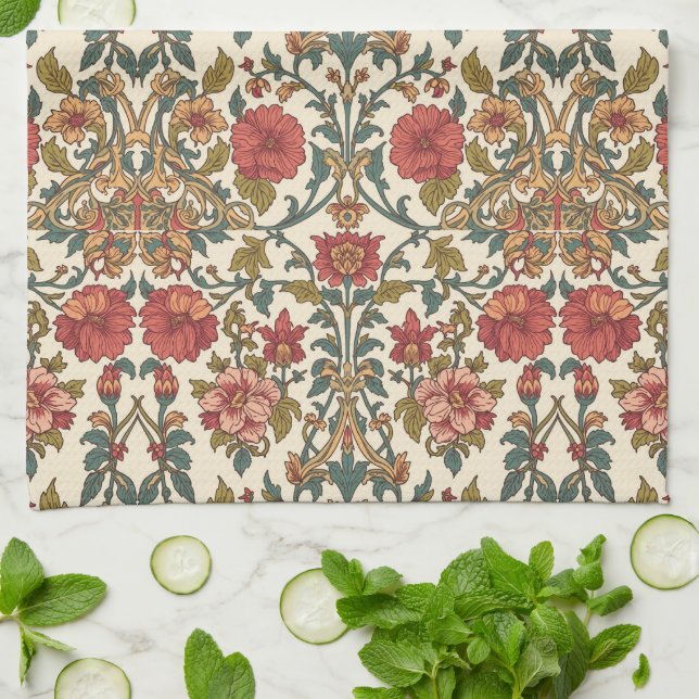 William Morris Antique pink roses Floral Pattern Tea Towel (Folded)