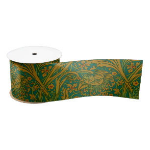 William Morris Arcadia Floral Pattern Green Golden Satin Ribbon
