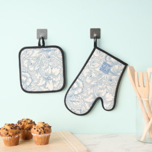 William Morris, Art Nouveau Blue Acanthus Monogram Oven Mitt & Pot Holder Set