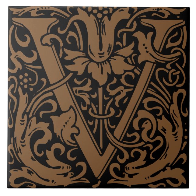 William Morris Art Nouveau Floral Initial Letter U Tile (Front)