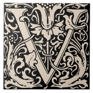 William Morris Art Nouveau Floral Initial Letter U Tile